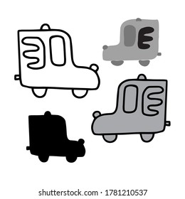 Isolated vector set of a cartoon van, lined, silhouette and grey on white background. Black and white design. Perfect for coloring, cards, stickers, posters, decorations
