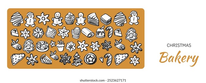 Isolated vector set of Christmas Bakery. Hand drawn and chalked cookies, barolls, pies, cakes, pastries, croissants, panettone, strudel. Vintage template with pastries sketch. Fresh bakery. Shop.