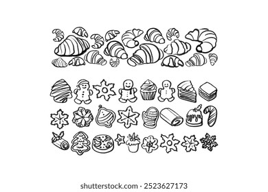 Isolated vector set of Christmas Bakery. Hand drawn and chalked cookies, barolls, pies, cakes, pastries, croissants, panettone, strudel. Vintage template with pastries sketch. Fresh bakery. Shop.