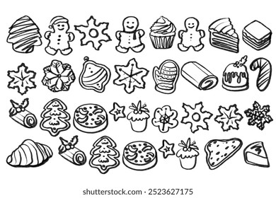 Isolated vector set of Christmas Bakery. Hand drawn and chalked cookies, barolls, pies, cakes, pastries, croissants, panettone, strudel. Vintage template with pastries sketch. Fresh bakery. Shop.