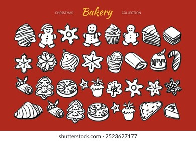 Isolated vector set of Christmas Bakery. Hand drawn and chalked cookies, barolls, pies, cakes, pastries, croissants, panettone, strudel. Vintage template with pastries sketch. Fresh bakery. Shop.