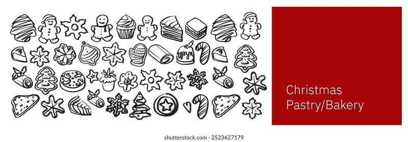 Isolated vector set of Christmas Bakery. Hand drawn and chalked cookies, barolls, pies, cakes, pastries, croissants, panettone, strudel. Vintage template with pastries sketch. Fresh bakery. Shop.