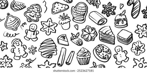 Isolated vector set of Christmas Bakery. Hand drawn and chalked cookies, barolls, pies, cakes, pastries, croissants, panettone, strudel. Vintage template with pastries sketch. Fresh bakery. Shop.