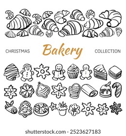 Isolated vector set of Christmas Bakery. Hand drawn and chalked cookies, barolls, pies, cakes, pastries, croissants, panettone, strudel. Vintage template with pastries sketch. Fresh bakery. Shop.