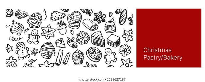 Isolated vector set of Christmas Bakery. Hand drawn and chalked cookies, barolls, pies, cakes, pastries, croissants, panettone, strudel. Vintage template with pastries sketch. Fresh bakery. Shop.