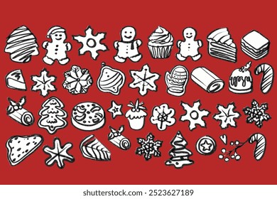 Isolated vector set of Christmas Bakery. Hand drawn and chalked cookies, barolls, pies, cakes, pastries, croissants, panettone, strudel. Vintage template with pastries sketch. Fresh bakery. Shop.