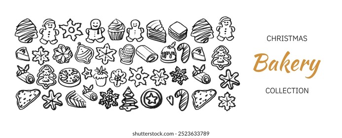  Isolated vector set of Christmas Bakery. Hand drawn and chalked cookies, barolls, pies, cakes, pastries, croissants, panettone, strudel. Vintage template with pastries sketch. Fresh bakery. Shop.