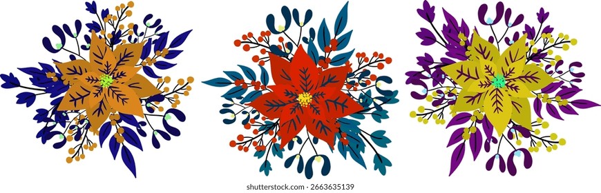 Conjunto de Vector aislado de ramos de flores de Navidad con oro rojo y flores de Pascua amarillas con follaje festivo para Elementos de Diseño gráfico