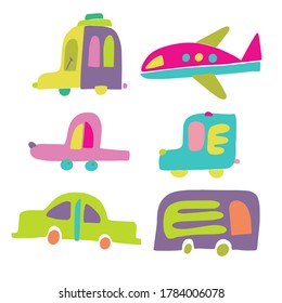 Conjunto aislado de vectores de coches de juguete coloridos, bus y avión sobre fondo blanco. Diseño colorido. Perfecto para colorear, tarjetas, pegatinas, carteles, decoraciones.