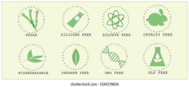 Isolated Vector Set of cosmetics Ingredient Warning Label Icons. GMO, SLS, Paraben, Cruelty, Sulfate, Sodium, Phosphate, Silicone, Preservative Free Organic Product Stickers