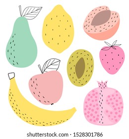 Conjunto vectorial aislado de frutas decorativas para impresión, decoración. Ilustración infantil.