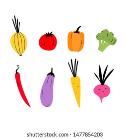 Isolated vector set of decorative vegetables for print, decor. Kids illustration.