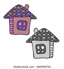 Isolated vector set design of grey and colored silhouettes of lined ornamental houses. The design is perfect for decorations, stickers, badges, logos, coloring, textiles, bags