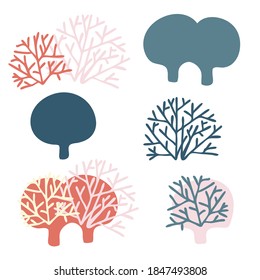 Isolated vector set design illustration of lined silhouettes of trees and bushes in pastel colors. The design is perfect for stickers, badges, decorations, stationary and tattoos. 