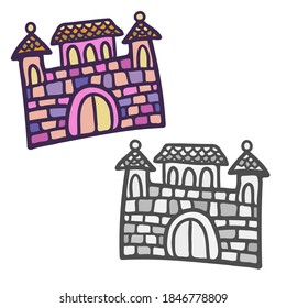 Isolated vector set design of silhouette of medieval cartoon castle in grey and colors. The design is perfect for decorations, stickers, badges, logos, coloring, textiles, bags