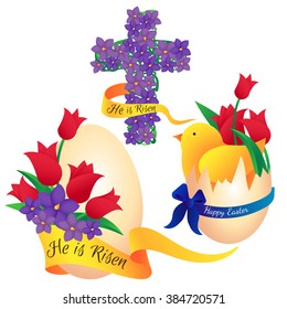 Isolated vector set for Easter greeting with eggs, ribbons, flowers and chicken on a white background