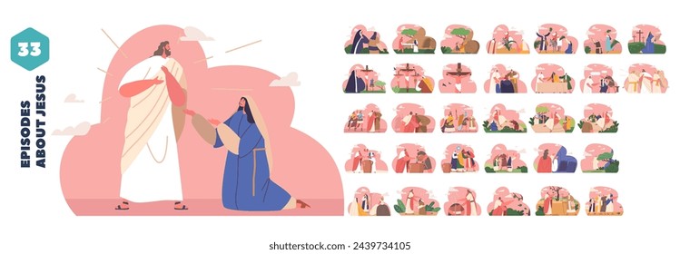 Isolated Vector Set Of Elements With Cartoon Characters Perform Biblical Stories, Recounts The Life Of Jesus Christ