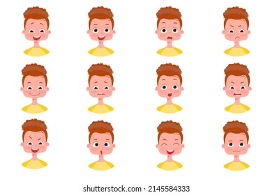 Vector aislado. Un conjunto de emociones en la cara del niño. Cara del chico con diferentes expresiones. Diversas emociones infantiles. Retratos escolares avatares. Variedad de emociones adolescentes.