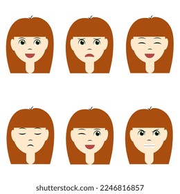 Isolated vector. A set of emotions on the face of a red-haired girl. Girl's face with different expressions. Variety of children's emotions. School portrait avatars. Variety of teenage emotions.