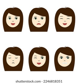 
Isolated vector. A set of emotions on the face of a brunette. Girl's face with different expressions. Variety of children's emotions. School portrait avatars. Variety of teenage emotions.