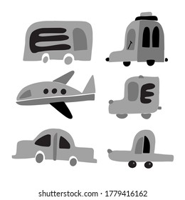 Isolated vector set of grey toy cars, bus and airplane on white background. Black and white design. Perfect for coloring, cards, stickers, posters, decorations.