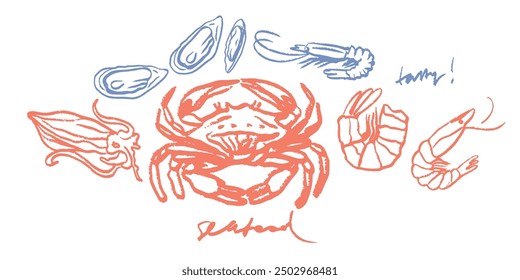 Isolated vector set of hand drawn seafood. Shrimps, langoustines, prawns, salmon, trout, oysters, mussels, squid, crab, lemon, octopus, rosemary, sea urchin. Сhalk drawing. Chalkboard.