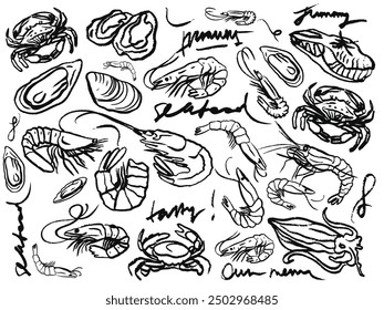 Isolated vector set of hand drawn seafood. Shrimps, langoustines, prawns, salmon, trout, oysters, mussels, squid, crab, lemon, octopus, rosemary, sea urchin. Сhalk drawing. Chalkboard.