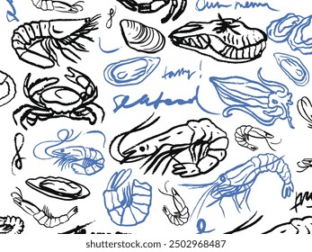 Isolated vector set of hand drawn seafood. Shrimps, langoustines, prawns, salmon, trout, oysters, mussels, squid, crab, lemon, octopus, rosemary, sea urchin. Сhalk drawing. Chalkboard.