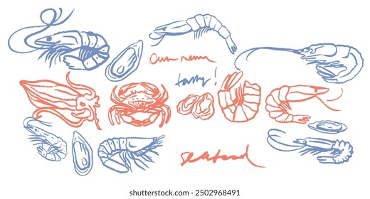 Isolated vector set of hand drawn seafood. Shrimps, langoustines, prawns, salmon, trout, oysters, mussels, squid, crab, lemon, octopus, rosemary, sea urchin. Сhalk drawing. Chalkboard.