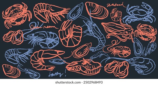 Isolated vector set of hand drawn seafood. Shrimps, langoustines, prawns, salmon, trout, oysters, mussels, squid, crab, lemon, octopus, rosemary, sea urchin. Сhalk drawing. Chalkboard.