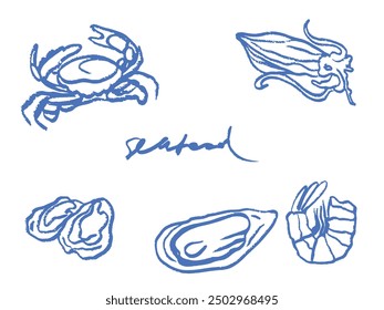 Isolated vector set of hand drawn seafood. Shrimps, langoustines, prawns, salmon, trout, oysters, mussels, squid, crab, lemon, octopus, rosemary, sea urchin. Сhalk drawing. Chalkboard.