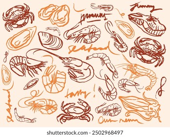 Isolated vector set of hand drawn seafood. Shrimps, langoustines, prawns, salmon, trout, oysters, mussels, squid, crab, lemon, octopus, rosemary, sea urchin. Сhalk drawing. Chalkboard.