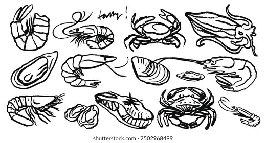 Isolated vector set of hand drawn seafood. Shrimps, langoustines, prawns, salmon, trout, oysters, mussels, squid, crab, lemon, octopus, rosemary, sea urchin. Сhalk drawing. Chalkboard.