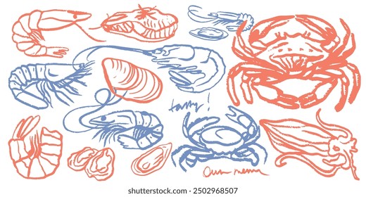 Isolated vector set of hand drawn seafood. Shrimps, langoustines, prawns, salmon, trout, oysters, mussels, squid, crab, lemon, octopus, rosemary, sea urchin. Сhalk drawing. Chalkboard.