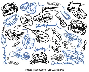 Isolated vector set of hand drawn seafood. Shrimps, langoustines, prawns, salmon, trout, oysters, mussels, squid, crab, lemon, octopus, rosemary, sea urchin. Сhalk drawing. Chalkboard.