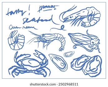 Isolated vector set of hand drawn seafood. Shrimps, langoustines, prawns, salmon, trout, oysters, mussels, squid, crab, lemon, octopus, rosemary, sea urchin. Сhalk drawing. Chalkboard.