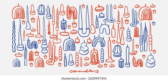 Isolated vector set of hand drawn cozy aromatic candles. Aromatherapy and relaxation. Flat illustration. Various scented candles set. Sketch.