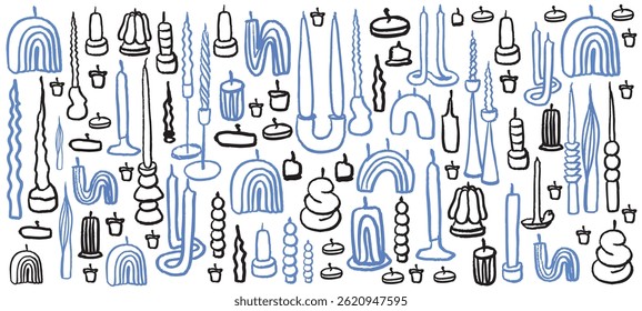 Isolated vector set of hand drawn cozy aromatic candles. Aromatherapy and relaxation. Flat illustration. Various scented candles set. Sketch.