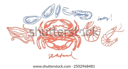 Isolated vector set of hand drawn seafood. Shrimps, langoustines, prawns, salmon, trout, oysters, mussels, squid, crab, lemon, octopus, rosemary, sea urchin. Сhalk drawing. Chalkboard.