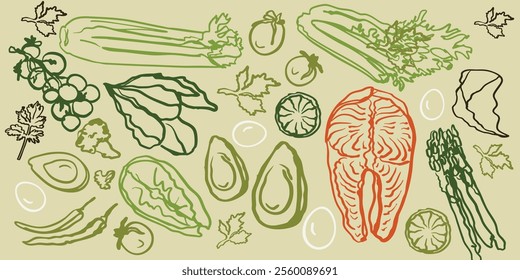Isolated vector set of healthy food. Hand drawn vegetables doodle Illustration set. White background in colorful style. Salmon on the cutting board with the vegetables. Celery.