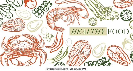 Isolated vector set of healthy food. Hand drawn vegetables doodle Illustration set. White background in colorful style. Salmon on the cutting board with the vegetables. Celery.