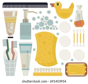Isolated vector set illustration with various bathroom objects and body care for family. Rubber duck, soap bubbles, bast, soap, toothpaste, toothbrush, cotton wool, ear wax, comb, cream, perfume.