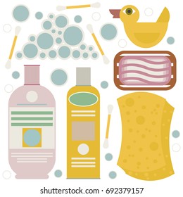 Isolated vector set illustration with various bathroom objects and body care for family. Rubber duck, soap bubbles, bast, soap, toothpaste, toothbrush, cotton wool, ear wax, comb, cream, perfume.