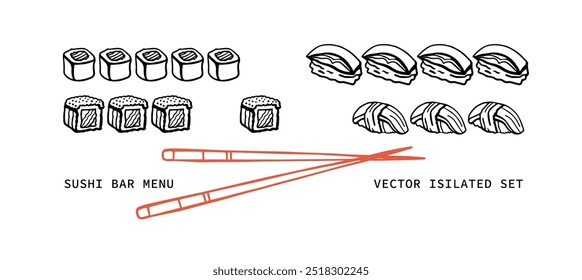 Isolated vector set of Japanese sushi set in hand drawn doodle style. Maki, uramaki rolls, nigiri, temaki. Wasabi, ginger, soy sauce and sushi sticks. Asian food for restaurants menu.