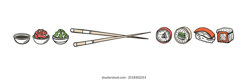 Isolated vector set of Japanese sushi set in hand drawn doodle style. Maki, uramaki rolls, nigiri, temaki. Wasabi, ginger, soy sauce and sushi sticks. Asian food for restaurants menu.