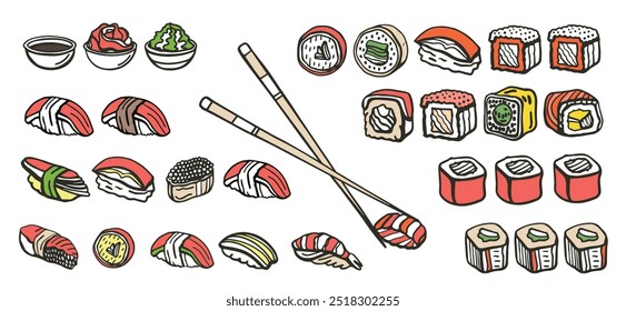Isolated vector set of Japanese sushi set in hand drawn doodle style. Maki, uramaki rolls, nigiri, temaki. Wasabi, ginger, soy sauce and sushi sticks. Asian food for restaurants menu.