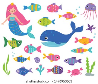 Isolated vector set – a mermaid, a whale, fishes and underwater elements