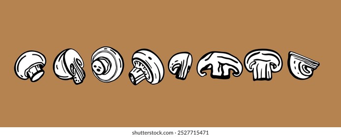 Isolated vector set of mushrooms. Champignons set. Hand drawn style.