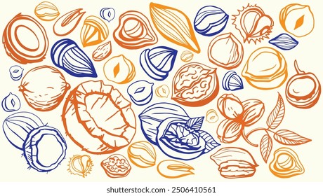 Isolated vector set of nuts on white background.Peanuts, cashews, walnuts, hazelnuts, cocoa, almonds, chestnut.Seeds collection. Vector hand drawn objects. Set of vector various nuts in vintage style.