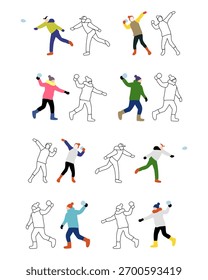 Isolierte Vektorgrafik von Personen, die Schneeballschlacht, Winterspaß spielen